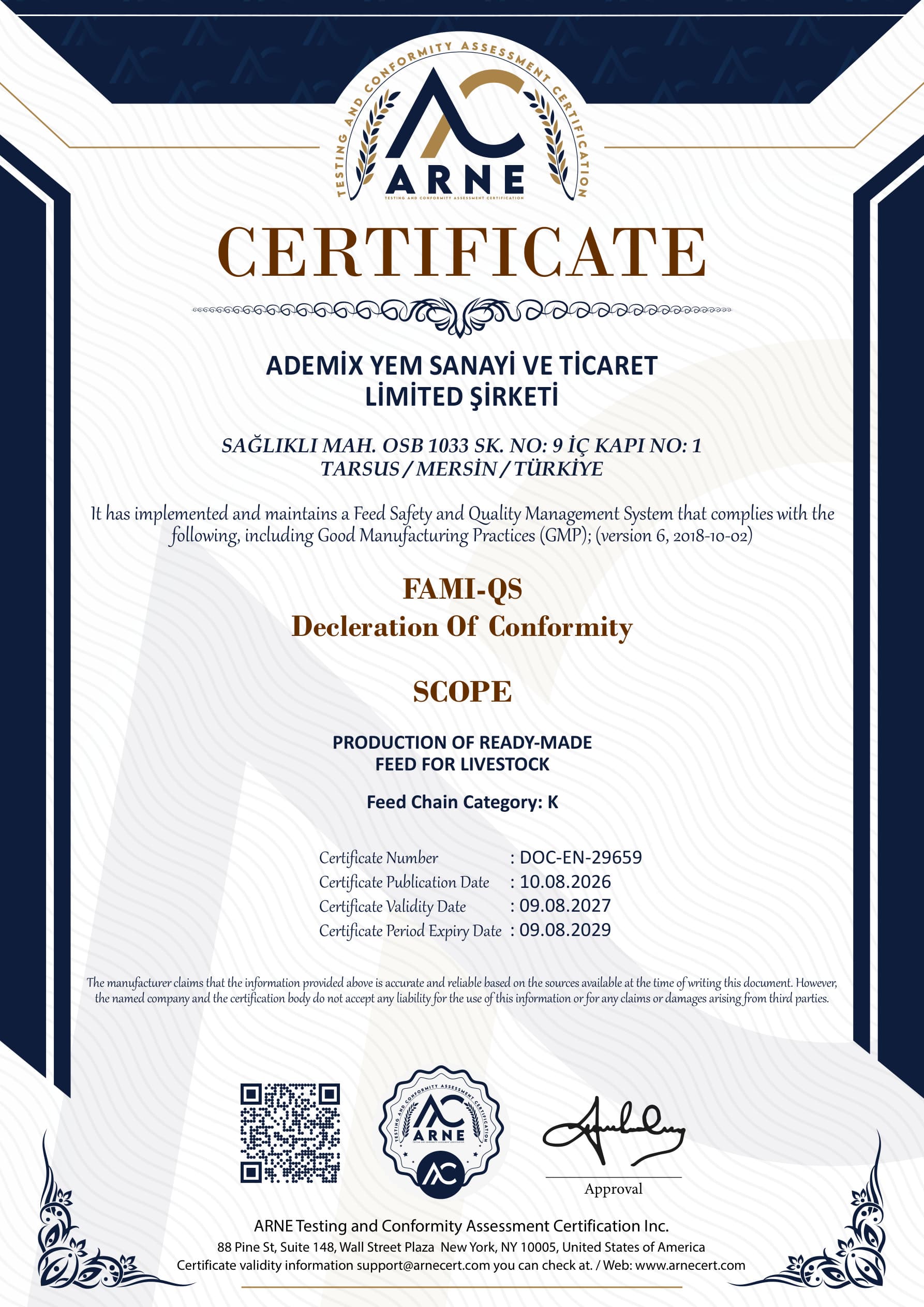 FAMI-QS certificate — ARNE Certification