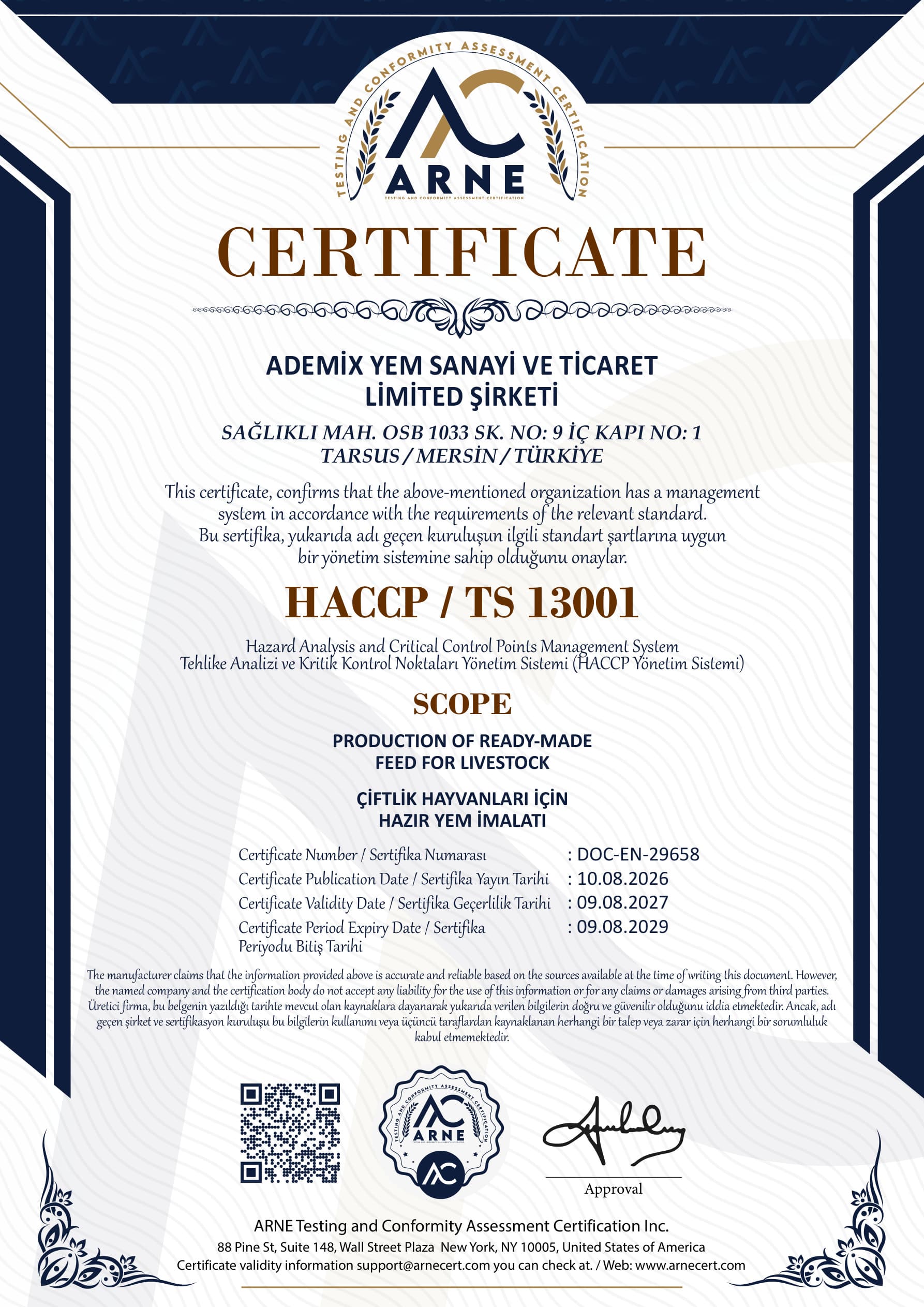 HACCP / TS 13001 certificate — ARNE Certification