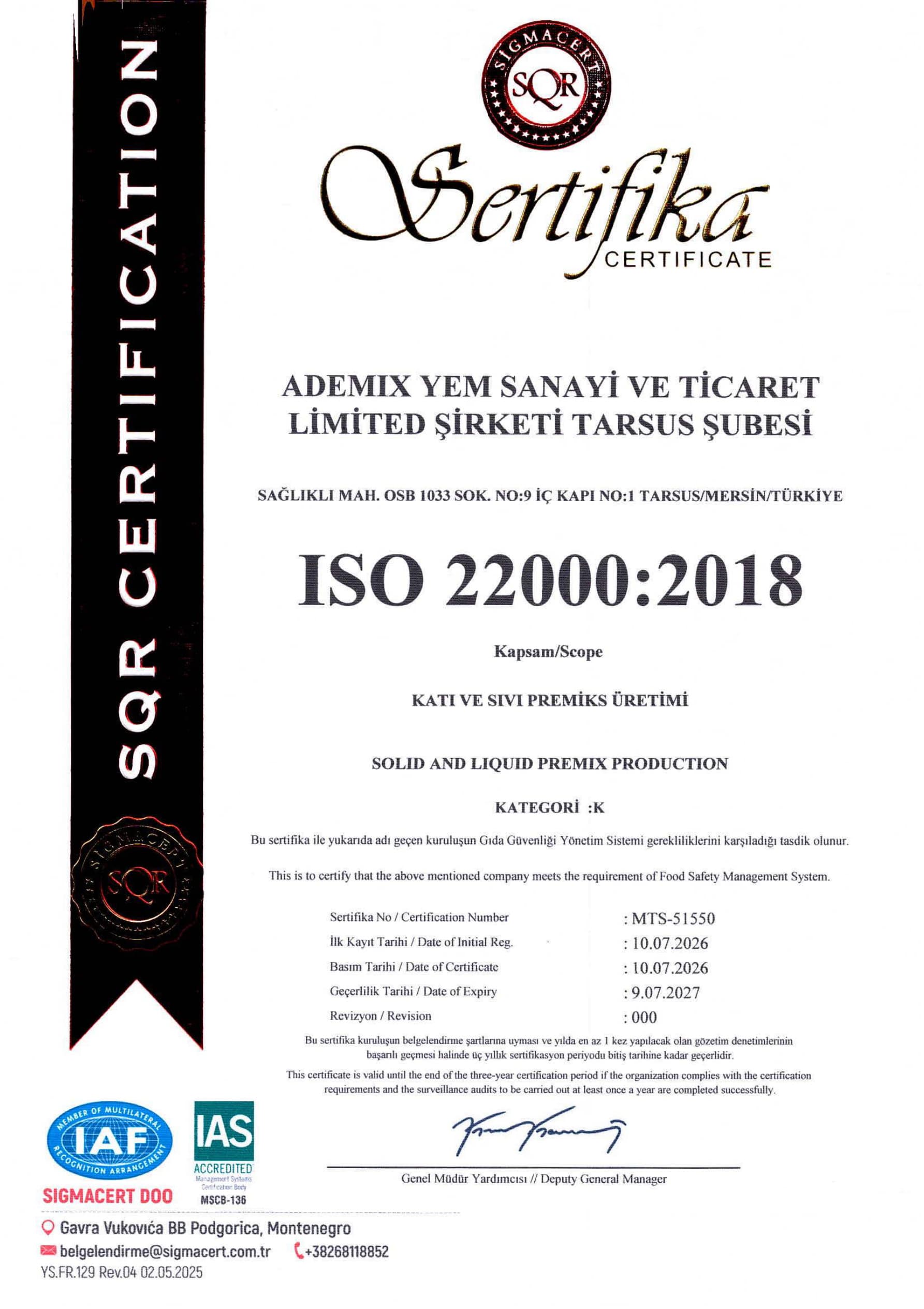 ISO 22000:2018 certificate — SIGMACERT